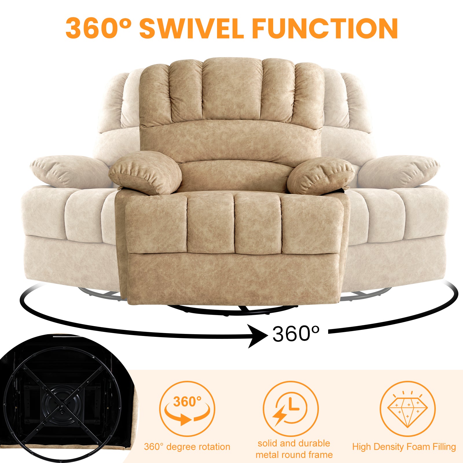 Beige Oversized Wide 360 Degree Swvivel Recliner Chair