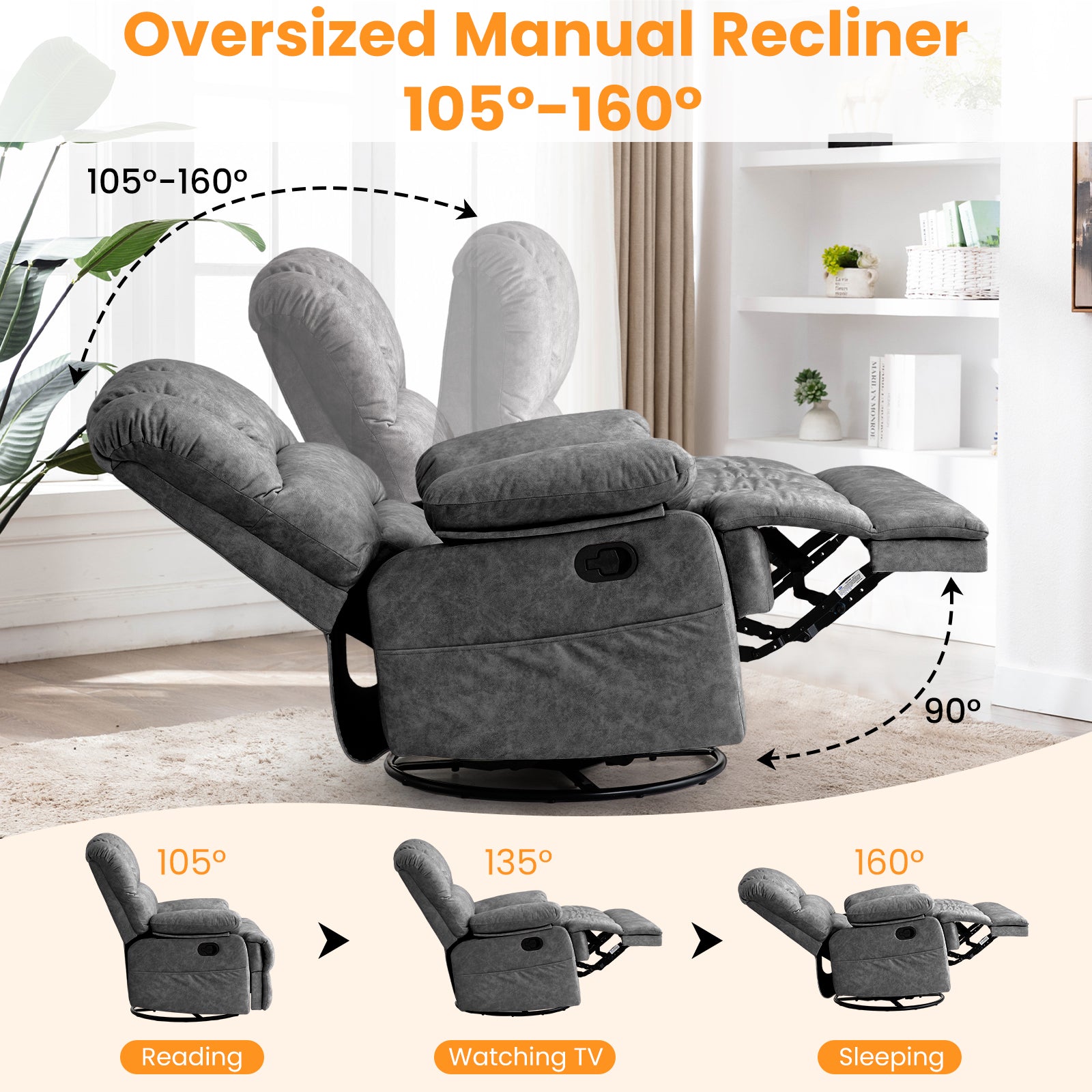 Coosleephome Gray Oversized 360 Degree Swviel Wide Recliner for the Elderly