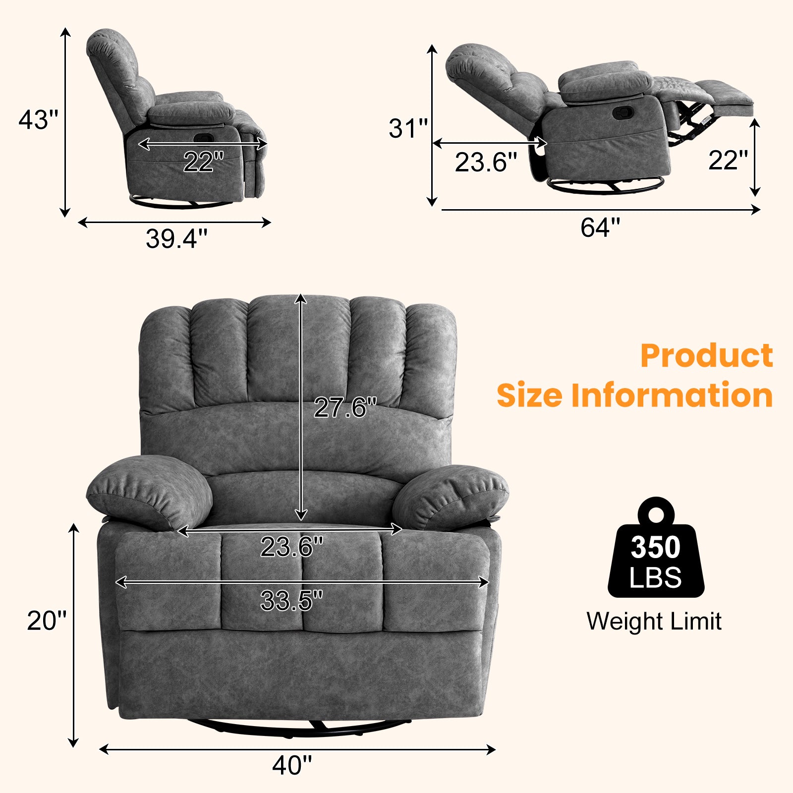 Coosleephome Gray Oversized 360 Degree Swviel Wide Recliner for the Elderly