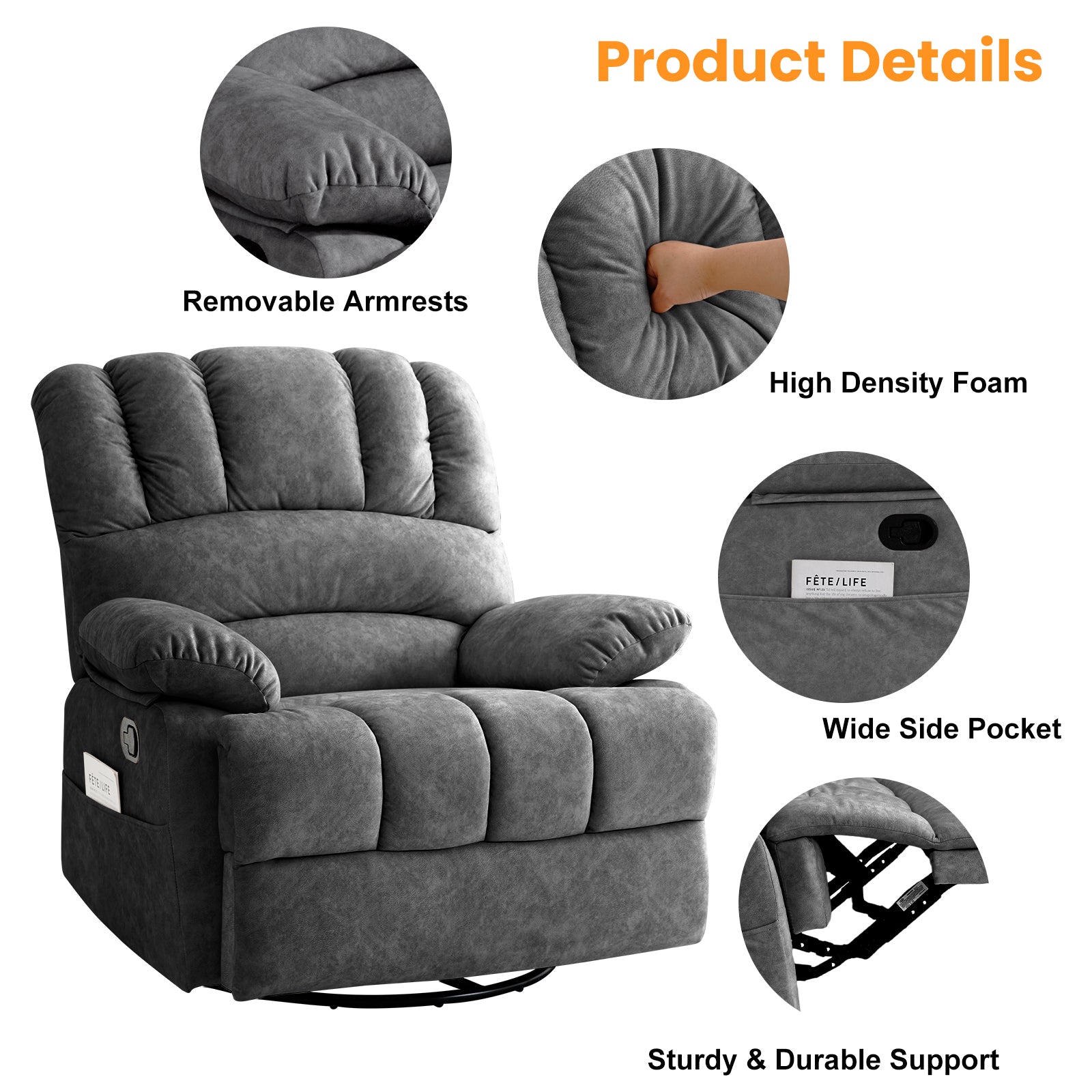 Coosleephome Gray Oversized 360 Degree Swviel Wide Recliner for the Elderly