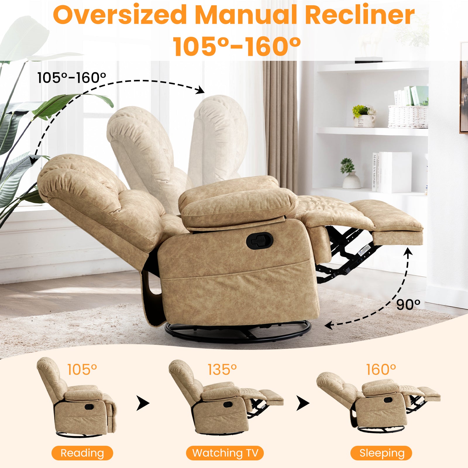 Beige Oversized Wide 360 Degree Swvivel Recliner Chair